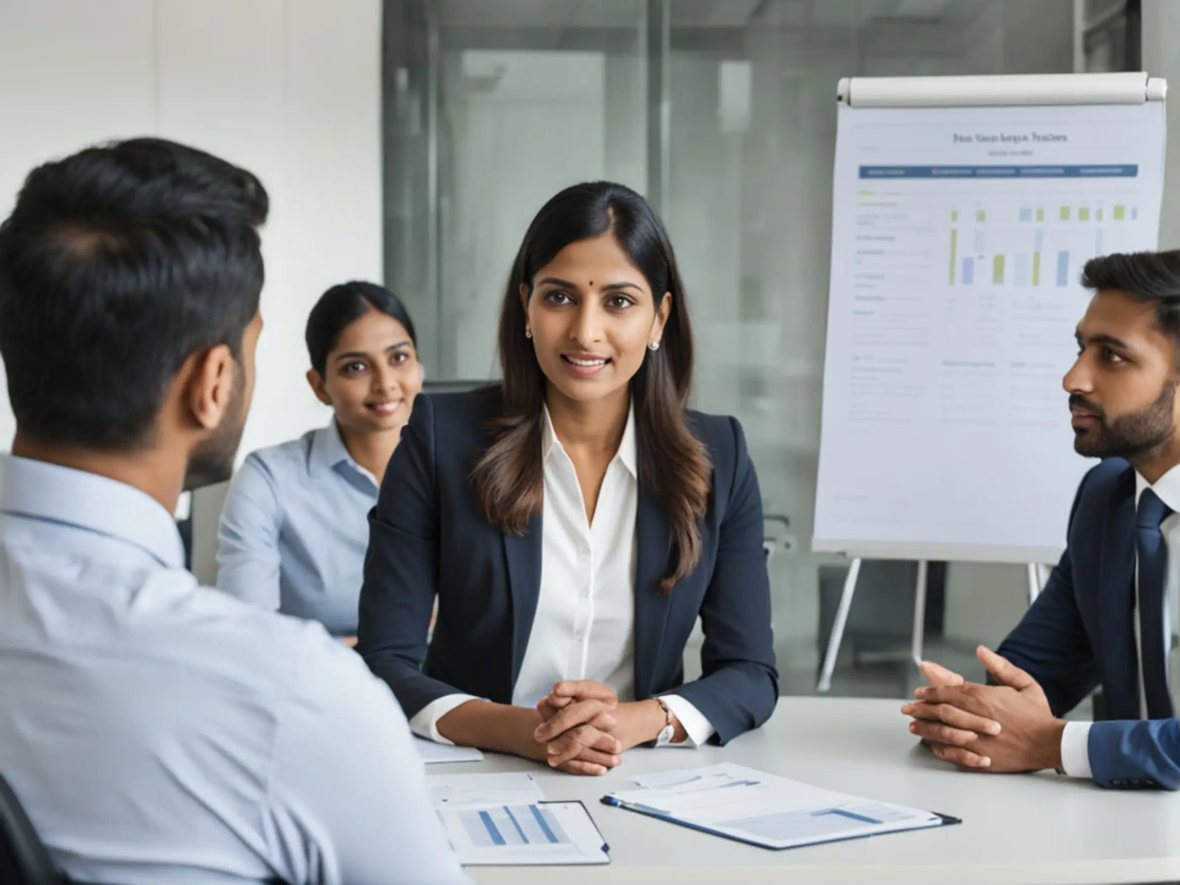 woman suit sits front board that says financial management ()